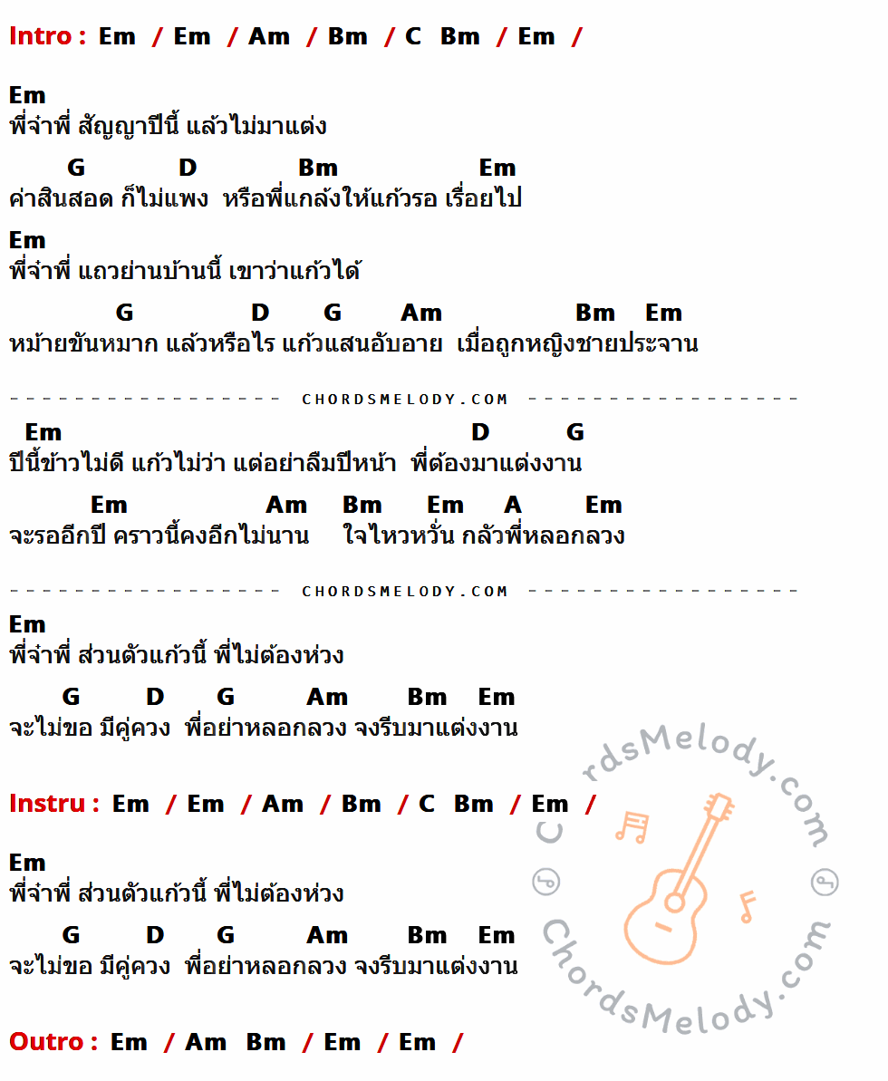 เนื้อเพลง แก้วรอพี่ ของ พุ่มพวง ดวงจันทร์ มีคอร์ดกีต้าร์ ในคีย์ที่ต่างกัน Em,Am,Bm,C,G,D,A