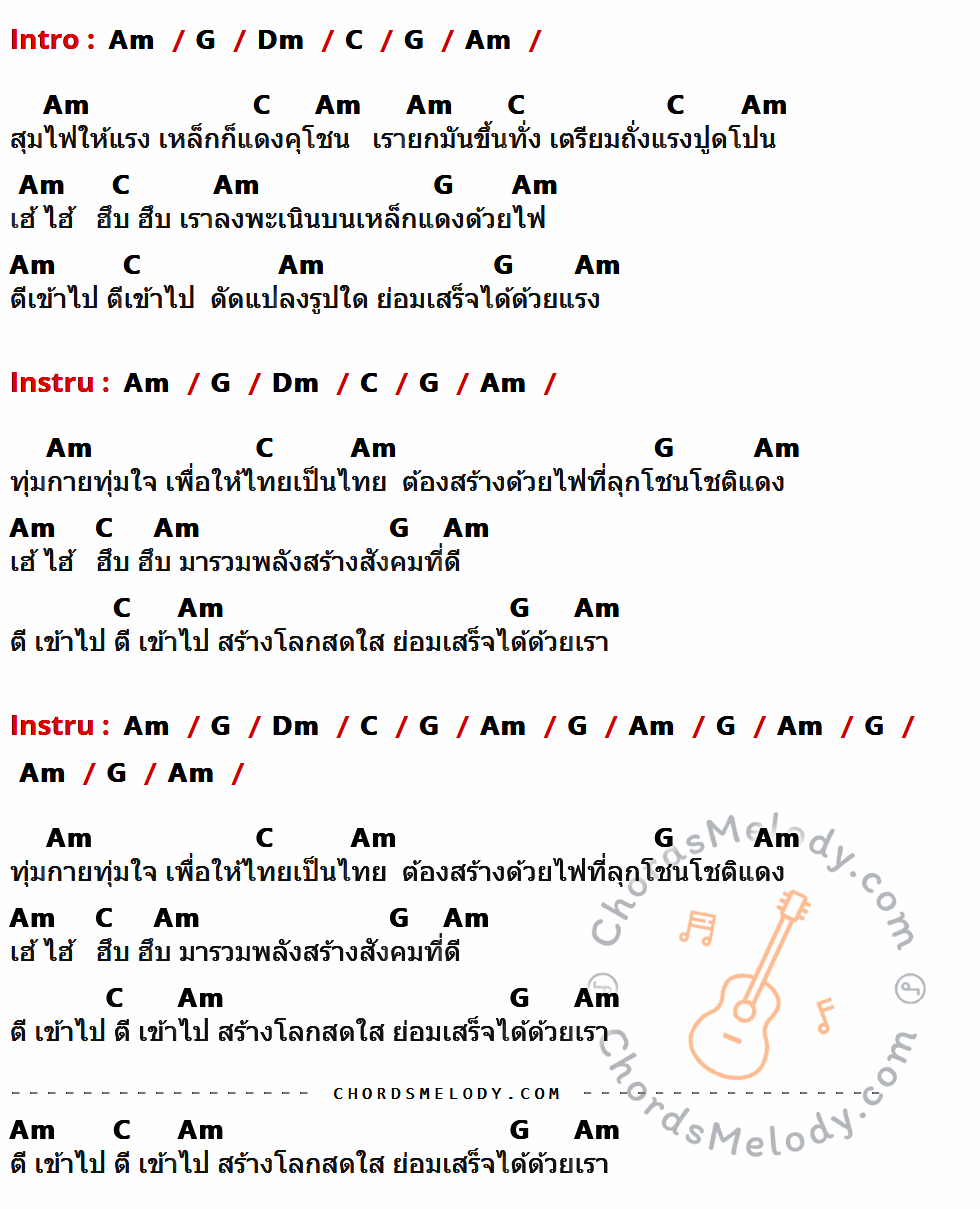 คอร์ดเพลง คนตีเหล็ก - หงา คาราวาน เนื้อร้อง มีคอร์ดกีต้าร์ ในกลุ่มคีย์ Am,G,Dm,C กำกับ