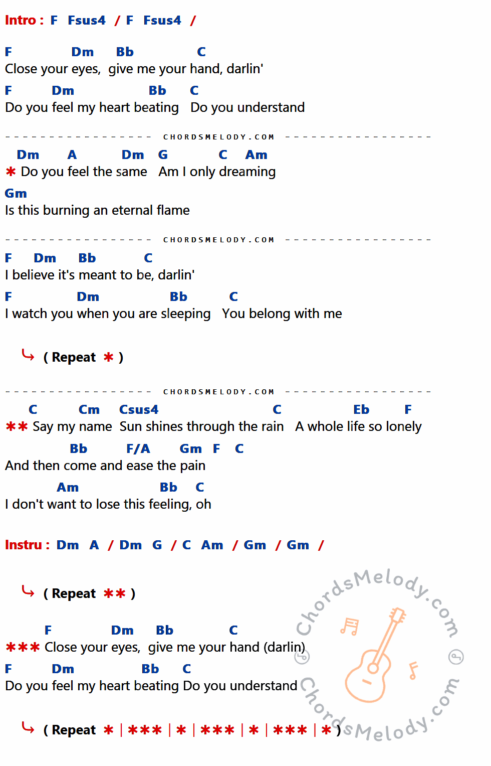 เนื้อเพลง Eternal Flame ของ The Bangles มีคอร์ดกีต้าร์ ในคีย์ที่ต่างกัน C,Am,F,G,E,D,Em,Dm,Gm,Gsus4,Bb,C/E