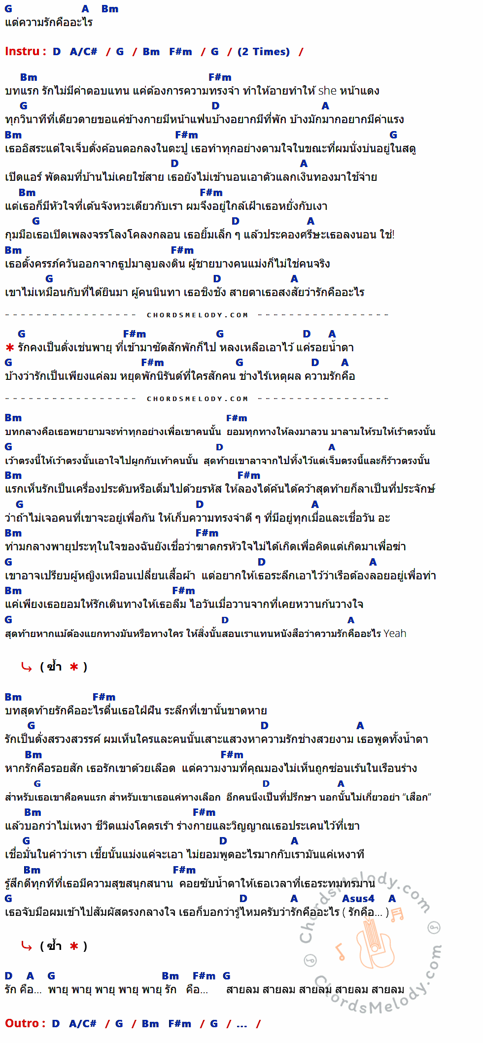 เนื้อเพลง รักคือ ของ The Real Feat.Organ Nan มีคอร์ดกีต้าร์ ในคีย์ที่ต่างกัน C,D,Em,G,D/F#,Bm,Dsus4