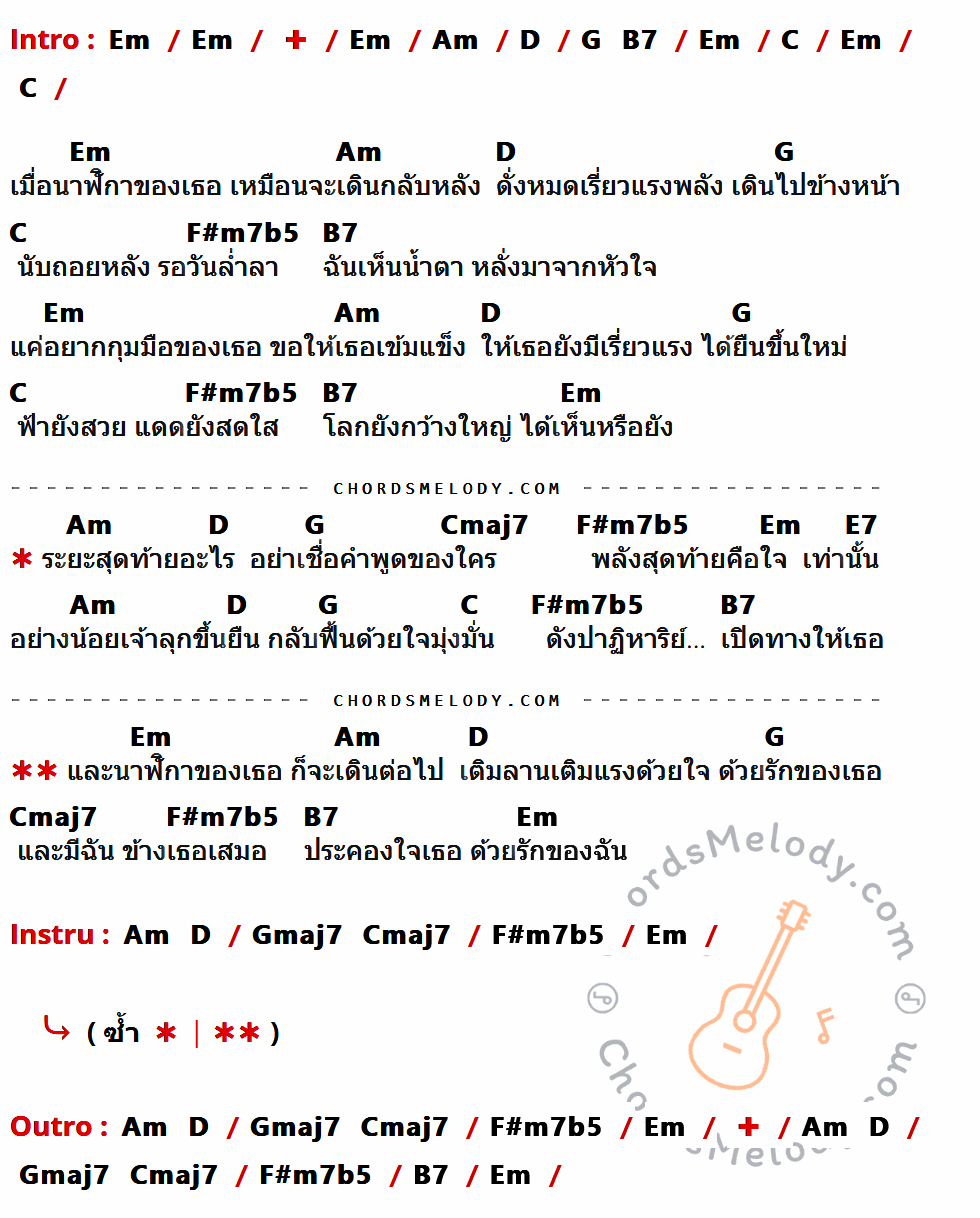 คอร์ดเพลง ระยะสุดท้ายไม่มีจริง - บ่าววี เนื้อร้อง มีคอร์ดกีต้าร์ ในกลุ่มคีย์ Em,Am,D,C,G,F#m7b5,B7,Cmaj7,E7 กำกับ