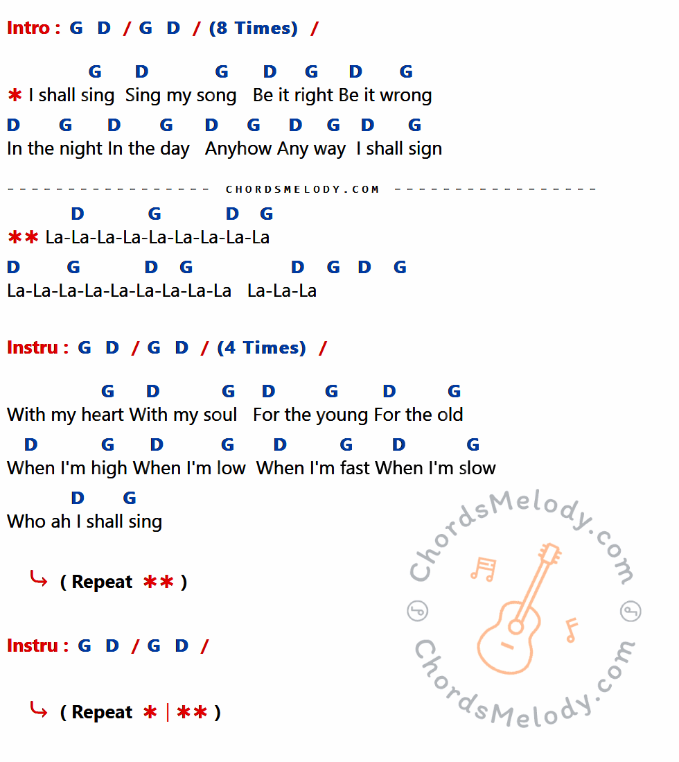 คอร์ดเพลง I Shall Sing - Art Garfunkel เนื้อร้อง มีคอร์ดกีต้าร์ ในกลุ่มคีย์ G,D กำกับ