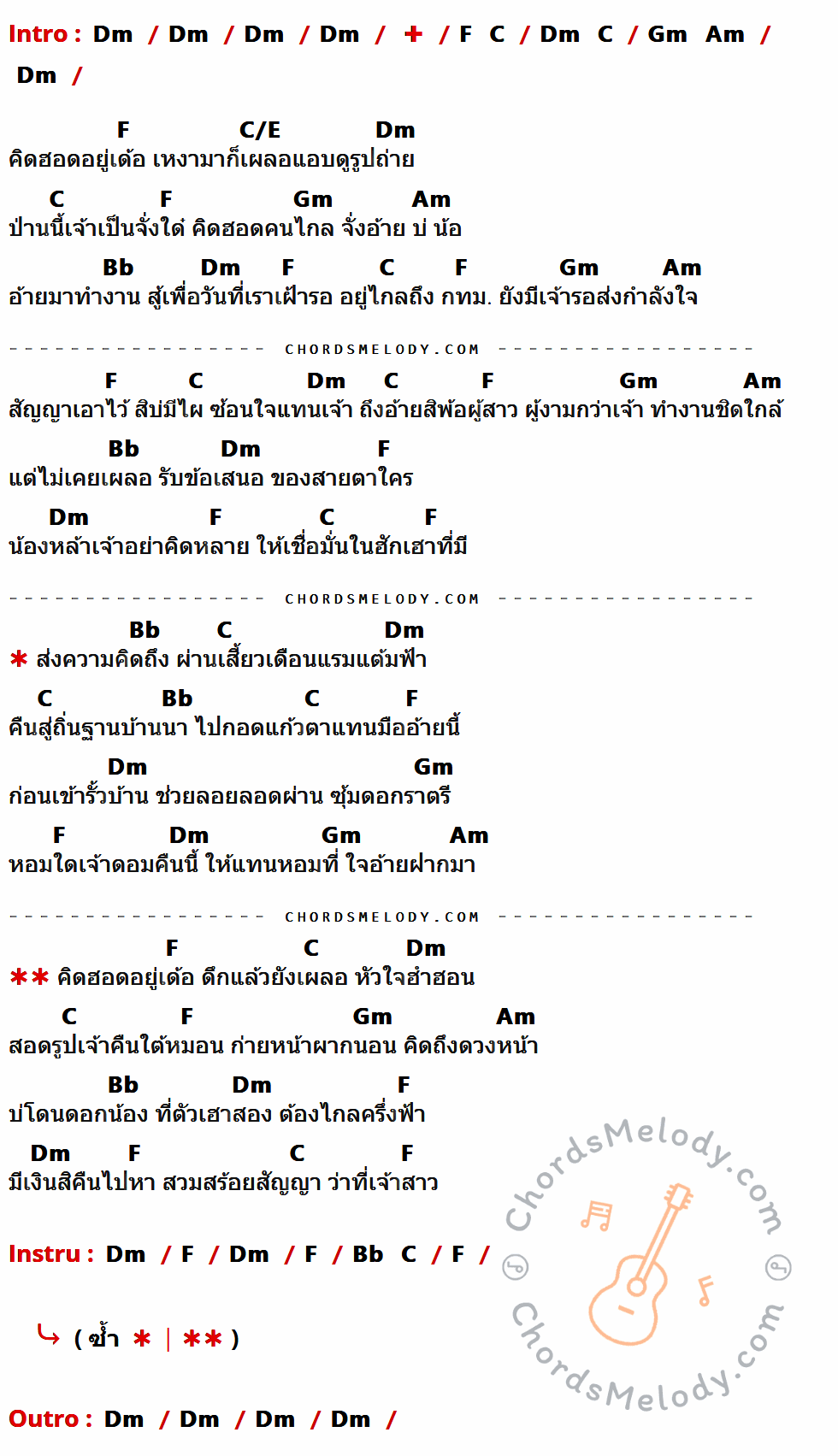 เนื้อเพลง คิดฮอดอยู่เด้อ ของ พี สะเดิด ที่มีคอร์ด ในกลุ่มคีย์ Dm,F,C,Gm,Am,C/E,Bb ประกอบ