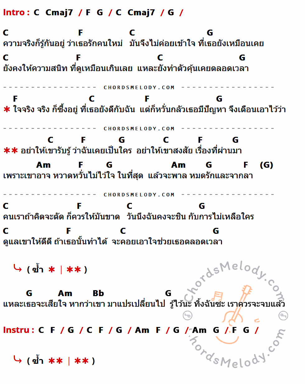 เนื้อเพลง อย่าให้เขารู้ ของ มิคกี้ ที่มีคอร์ด ในกลุ่มคีย์ C,Cmaj7,F,G,Am,Bb ประกอบ
