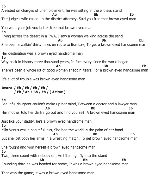 คอร์ดเพลง เนื้อเพลง Brown Eyed Handsome Man, คอร์ดเพลง Brown Eyed Handsome Man ของ Chuck Berry, คอร์ดเพลงของ Chuck Berry, เนื้อร้อง Brown Eyed Handsome Man Chuck Berry, Brown Eyed Handsome Man คอร์ดง่าย ๆ, คอร์ด Brown Eyed Handsome Man ต้นฉบับ