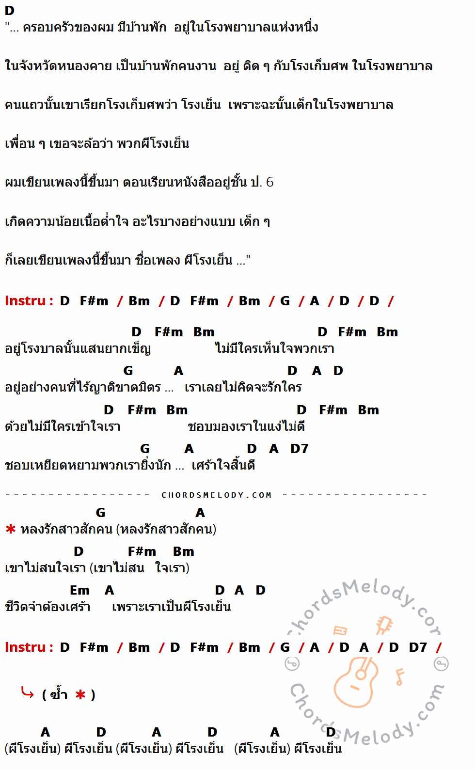 เนื้อเพลง ผีโรงเย็น ของ พงษ์สิทธิ์ คัมภีร์ ที่มีคอร์ด ในกลุ่มคีย์ D,F#m,Bm,G,A,D7,Em ประกอบ