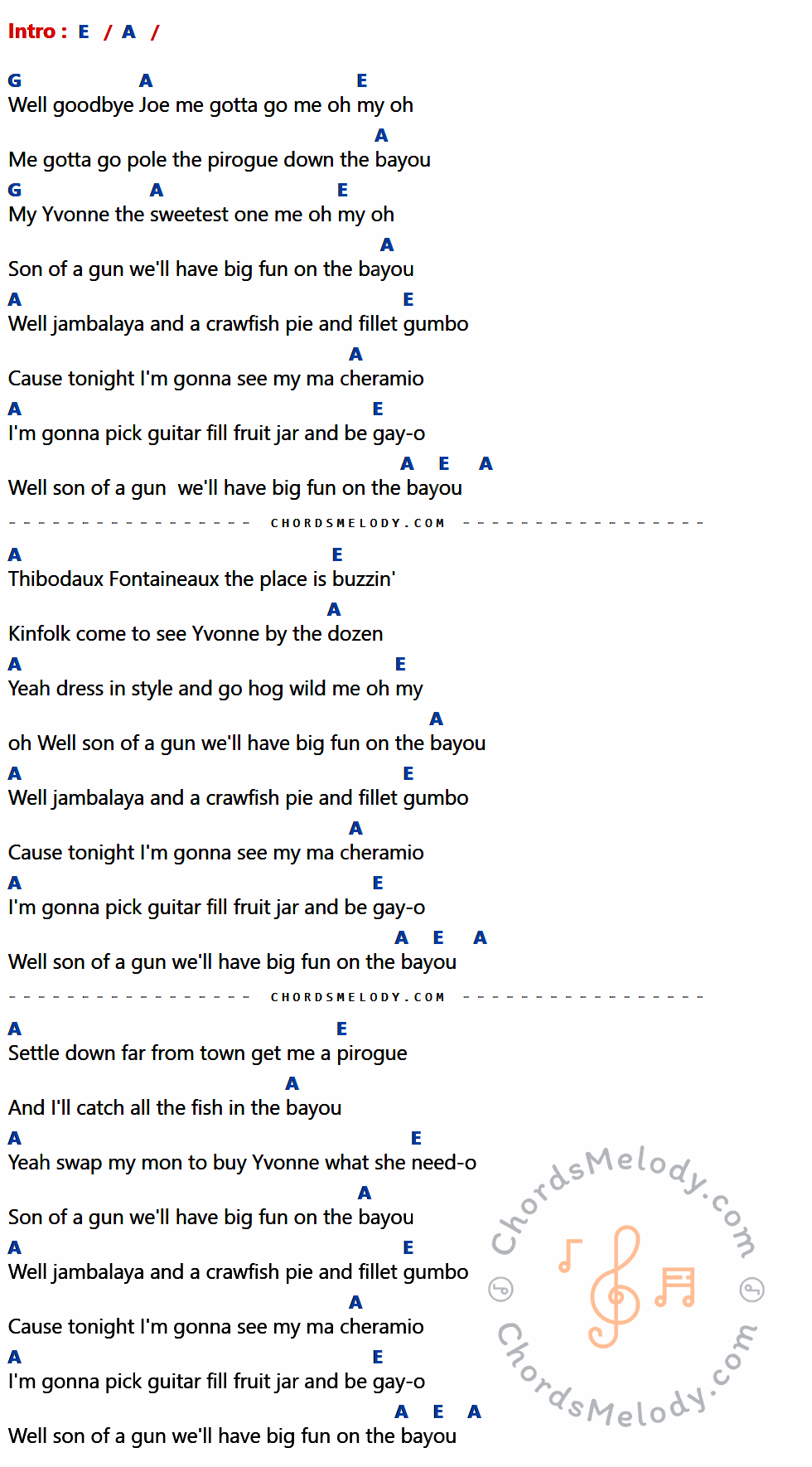 เนื้อเพลง Jambalaya ของ Brenda Lee ที่มีคอร์ด ในกลุ่มคีย์ E,A,G ประกอบ