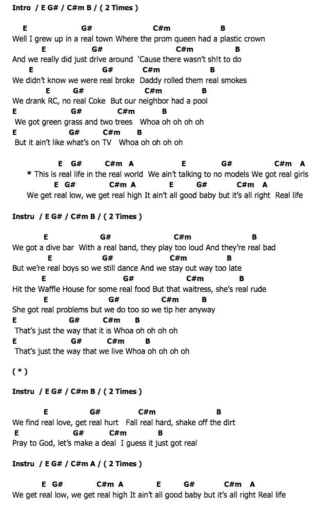 คอร์ดเพลง เนื้อเพลง Real Life, คอร์ดเพลง Real Life ของ Jake Owen, คอร์ดเพลงของ Jake Owen, เนื้อร้อง Real Life Jake Owen, Real Life คอร์ดง่าย ๆ, คอร์ด Real Life ต้นฉบับ