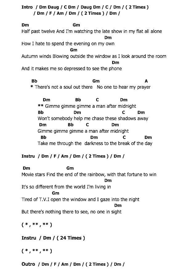คอร์ดเพลง เนื้อเพลง Gimme Gimme Gimme, คอร์ดเพลง Gimme Gimme Gimme ของ ABBA, คอร์ดเพลงของ ABBA, เนื้อร้อง Gimme Gimme Gimme ABBA, Gimme Gimme Gimme คอร์ดง่าย ๆ, คอร์ด Gimme Gimme Gimme ต้นฉบับ