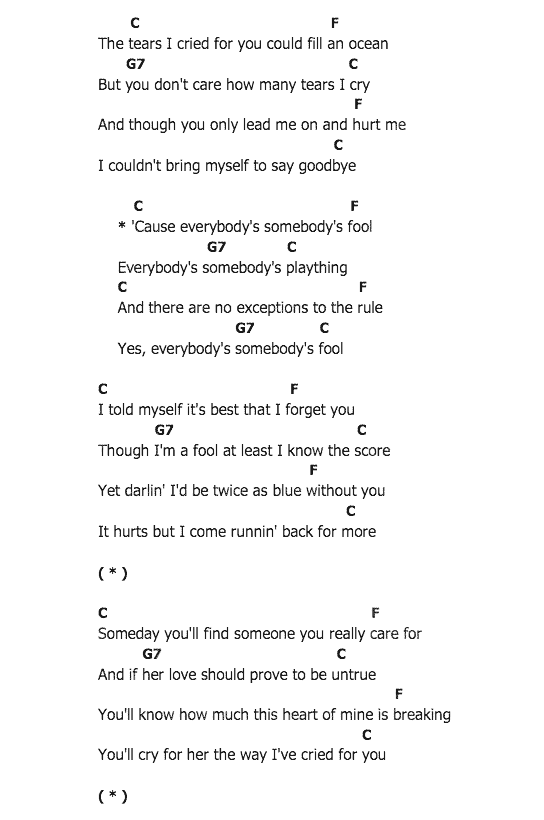 คอร์ดเพลง เนื้อเพลง Everybody's Somebody's Fool, คอร์ดเพลง Everybody's Somebody's Fool ของ Connie Francis, คอร์ดเพลงของ Connie Francis, เนื้อร้อง Everybody's Somebody's Fool Connie Francis, Everybody's Somebody's Fool คอร์ดง่าย ๆ, คอร์ด Everybody's Somebody's Fool ต้นฉบับ