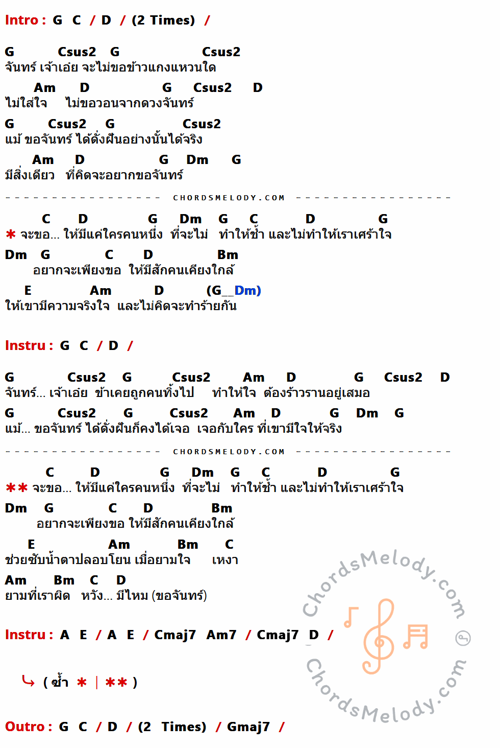 เนื้อเพลง ขอจันทร์ ของ ป๊อบ Calories blah blah ที่มีคอร์ดกีต้าร์ G,C,D,Csus2,Am,Dm,Bm,E,A,Cmaj7,Am7,Gmaj7