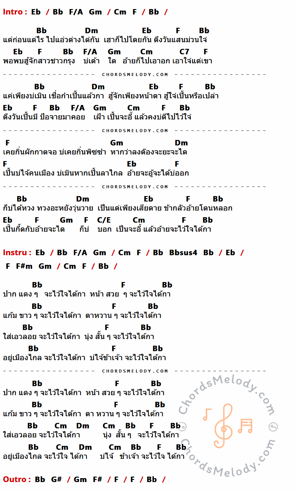 เนื้อเพลง ไว้ใจ๋ได้กา ของ ลานนา คัมมินส์ ที่มีคอร์ด ในกลุ่มคีย์ Eb,Bb,F/A,Gm,Cm,F,Dm,C7,C/E,Bbsus4,F#m,G#,F# ประกอบ