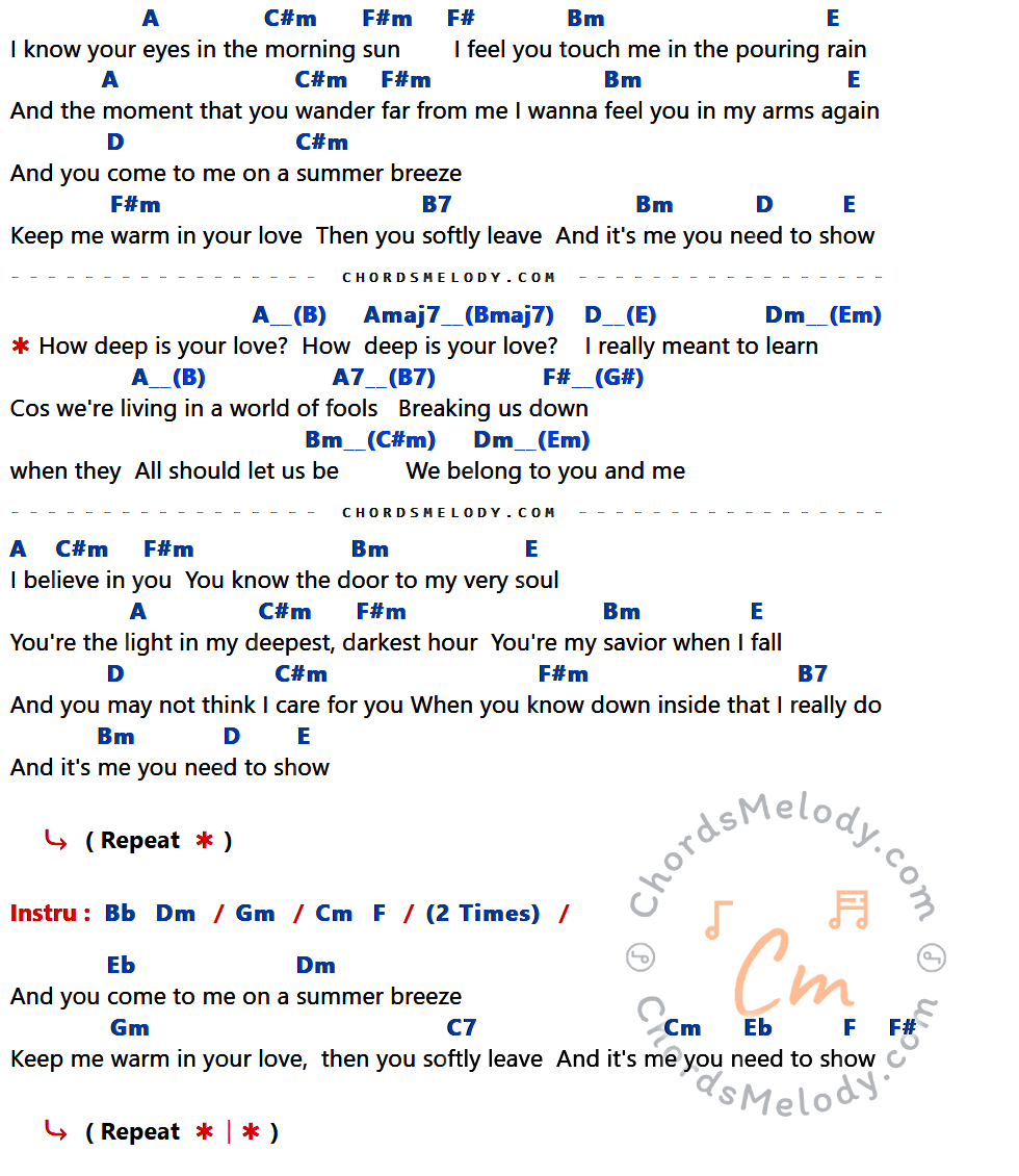 เนื้อเพลง How Deep Is Your Love ของ Kyla ที่มีคอร์ด ในกลุ่มคีย์ A,C#m,F#m,F#,Bm,E,D,B7,Bb,Dm,Gm,Cm,F,Eb,C7 ประกอบ