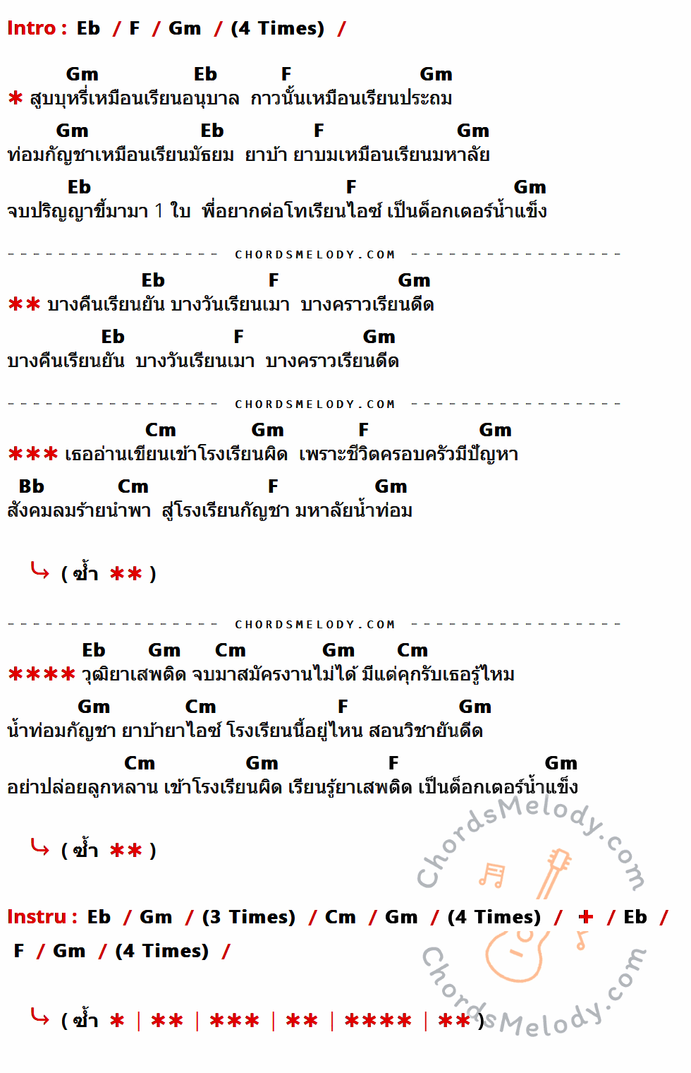 เนื้อเพลง ด็อกเตอร์น้ำแข็ง ของ ติ่ง สรวิทย์ ที่มีคอร์ด ในกลุ่มคีย์ Eb,F,Gm,Cm,Bb ประกอบ