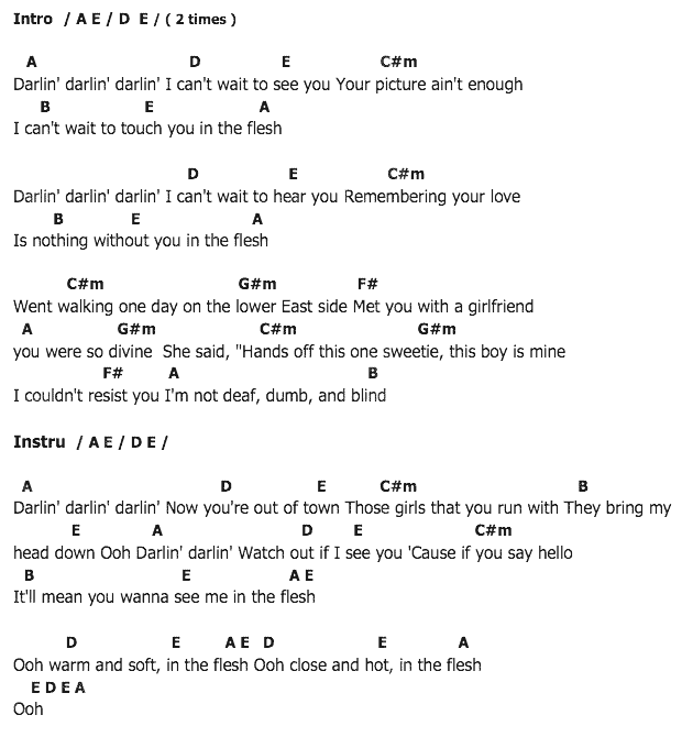 คอร์ดเพลง เนื้อเพลง In The Flesh, คอร์ดเพลง In The Flesh ของ Blondie, คอร์ดเพลงของ Blondie, เนื้อร้อง In The Flesh Blondie, In The Flesh คอร์ดง่าย ๆ, คอร์ด In The Flesh ต้นฉบับ