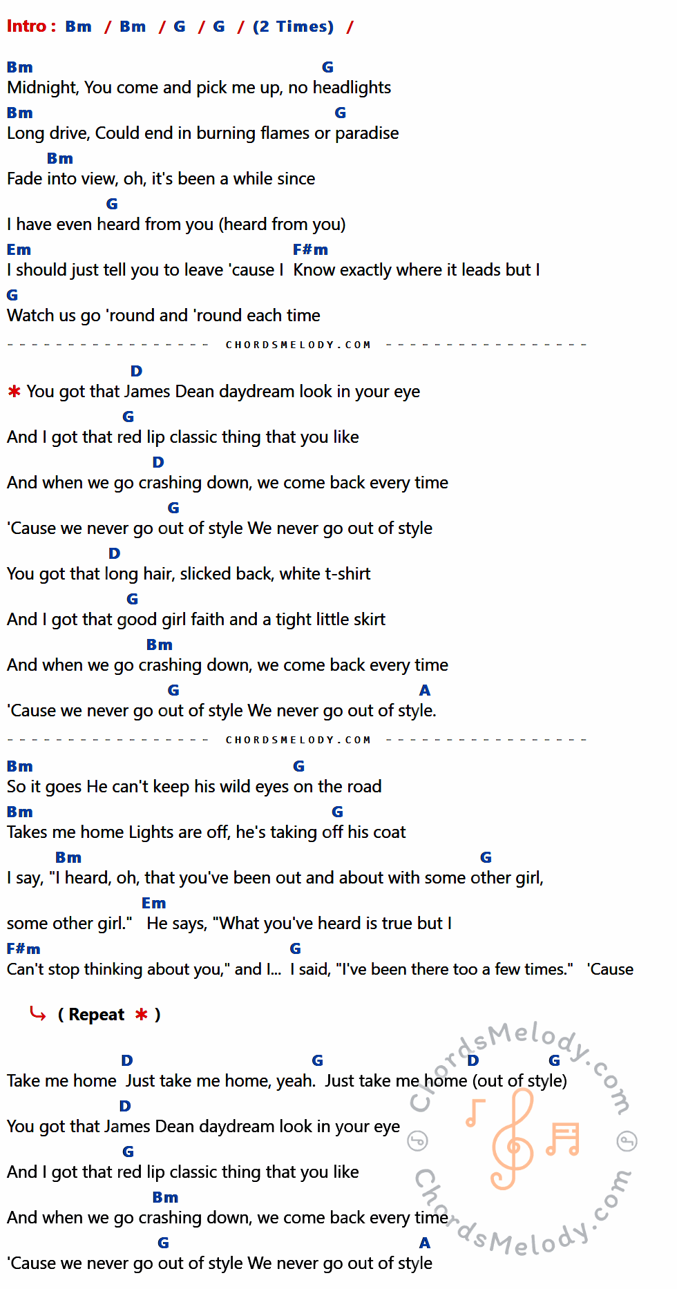 เนื้อเพลง Style ของ Taylor Swift ที่มีคอร์ด ในกลุ่มคีย์ Bm,G,Em,F#m,D,A ประกอบ