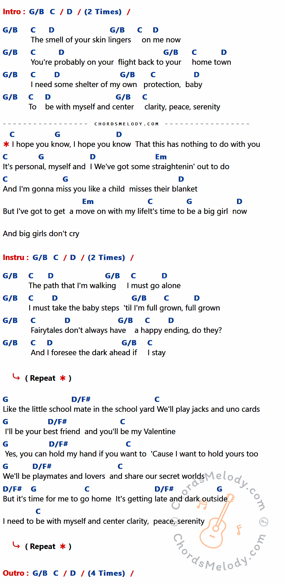 เนื้อเพลง Big Girls Don't Cry ของ Fergie ที่มีคอร์ด ในกลุ่มคีย์ G/B,C,D,G,Em,D/F# ประกอบ