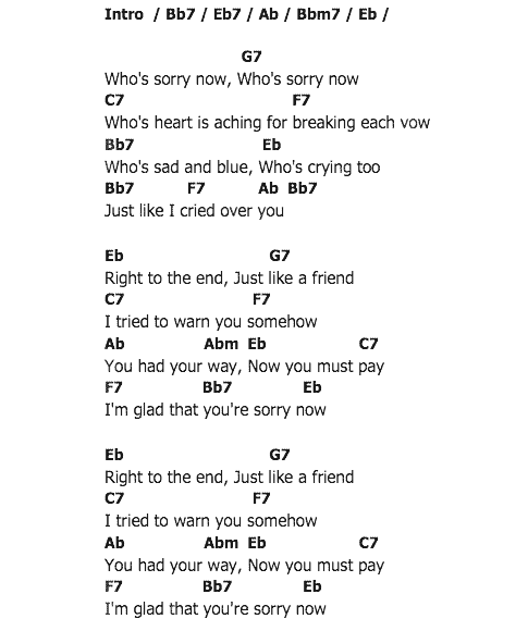 คอร์ดเพลง เนื้อเพลง Who's Sorry Now, คอร์ดเพลง Who's Sorry Now ของ Connie Francis, คอร์ดเพลงของ Connie Francis, เนื้อร้อง Who's Sorry Now Connie Francis, Who's Sorry Now คอร์ดง่าย ๆ, คอร์ด Who's Sorry Now ต้นฉบับ