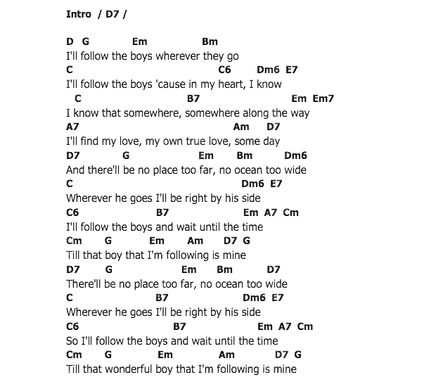 คอร์ดเพลง เนื้อเพลง Follow the Boys, คอร์ดเพลง Follow the Boys ของ Connie Francis, คอร์ดเพลงของ Connie Francis, เนื้อร้อง Follow the Boys Connie Francis, Follow the Boys คอร์ดง่าย ๆ, คอร์ด Follow the Boys ต้นฉบับ