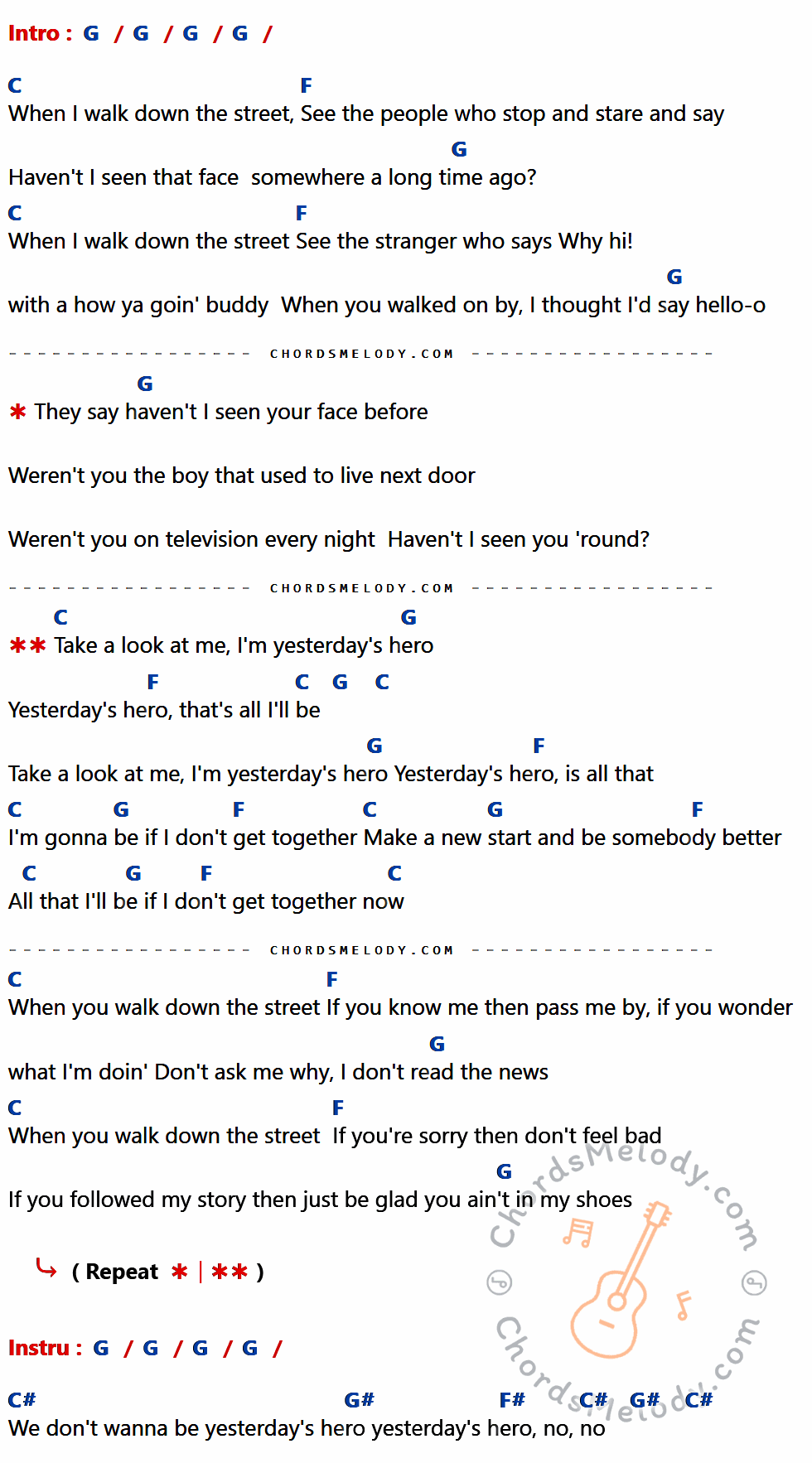 เนื้อเพลง Yesterday's Hero ของ Bay City Rollers ที่มีคอร์ด ในกลุ่มคีย์ G,C,F,C#,G#,F# ประกอบ