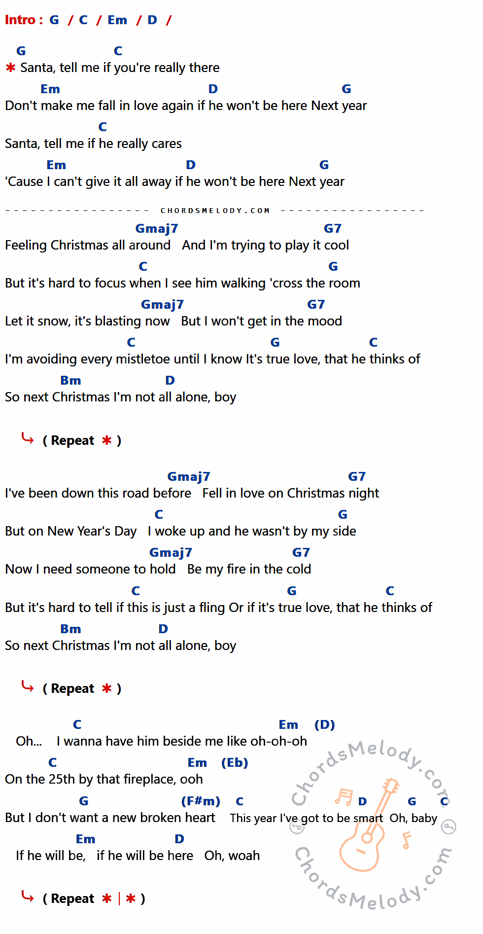 เนื้อเพลง Santa Tell Me ของ Ariana Grande ที่มีคอร์ดกีต้าร์ G,C,Em,D,Gmaj7,G7,Bm