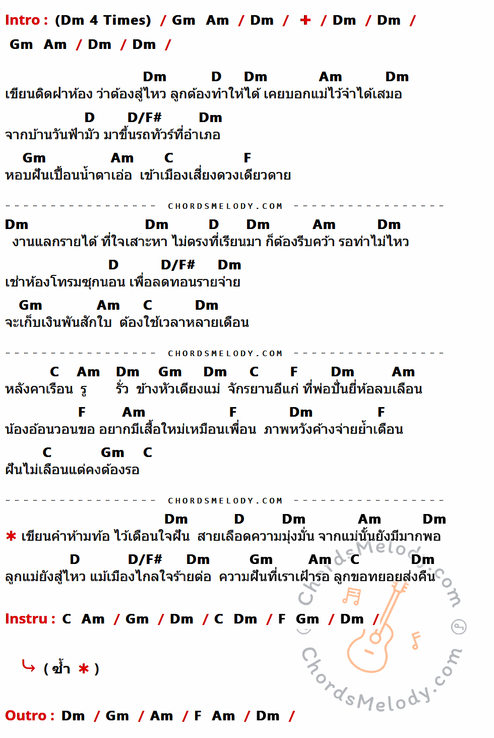 เนื้อเพลง เขียนฝันไว้ข้างฝา ของ รัชนก ศรีโลพันธุ์ ที่มีคอร์ด ในกลุ่มคีย์ Dm,Gm,Am,D,D/F#,C,F ประกอบ