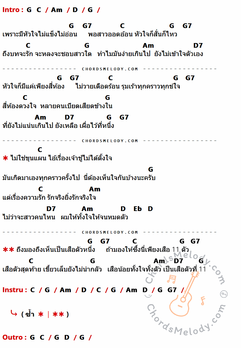 เนื้อเพลง เสือ 11 ตัว ของ พงษ์สิทธิ์ คัมภีร์ ที่มีคอร์ด ในกลุ่มคีย์ G,C,Am,D,G7,D7,Eb ประกอบ