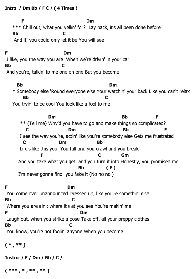 คอร์ดเพลง เนื้อเพลง Complicated, คอร์ดเพลง Complicated ของ Avril Lavigne, คอร์ดเพลงของ Avril Lavigne, เนื้อร้อง Complicated Avril Lavigne, Complicated คอร์ดง่าย ๆ, คอร์ด Complicated ต้นฉบับ