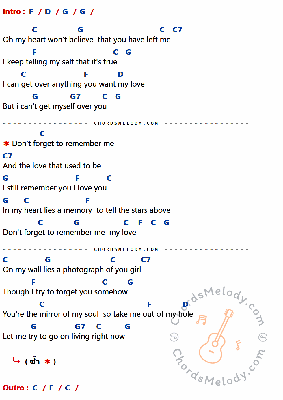 เนื้อเพลง Don't Forget To Remember ของ Bee Gees ที่มีคอร์ด ในกลุ่มคีย์ F,D,G,C,C7,G7 ประกอบ
