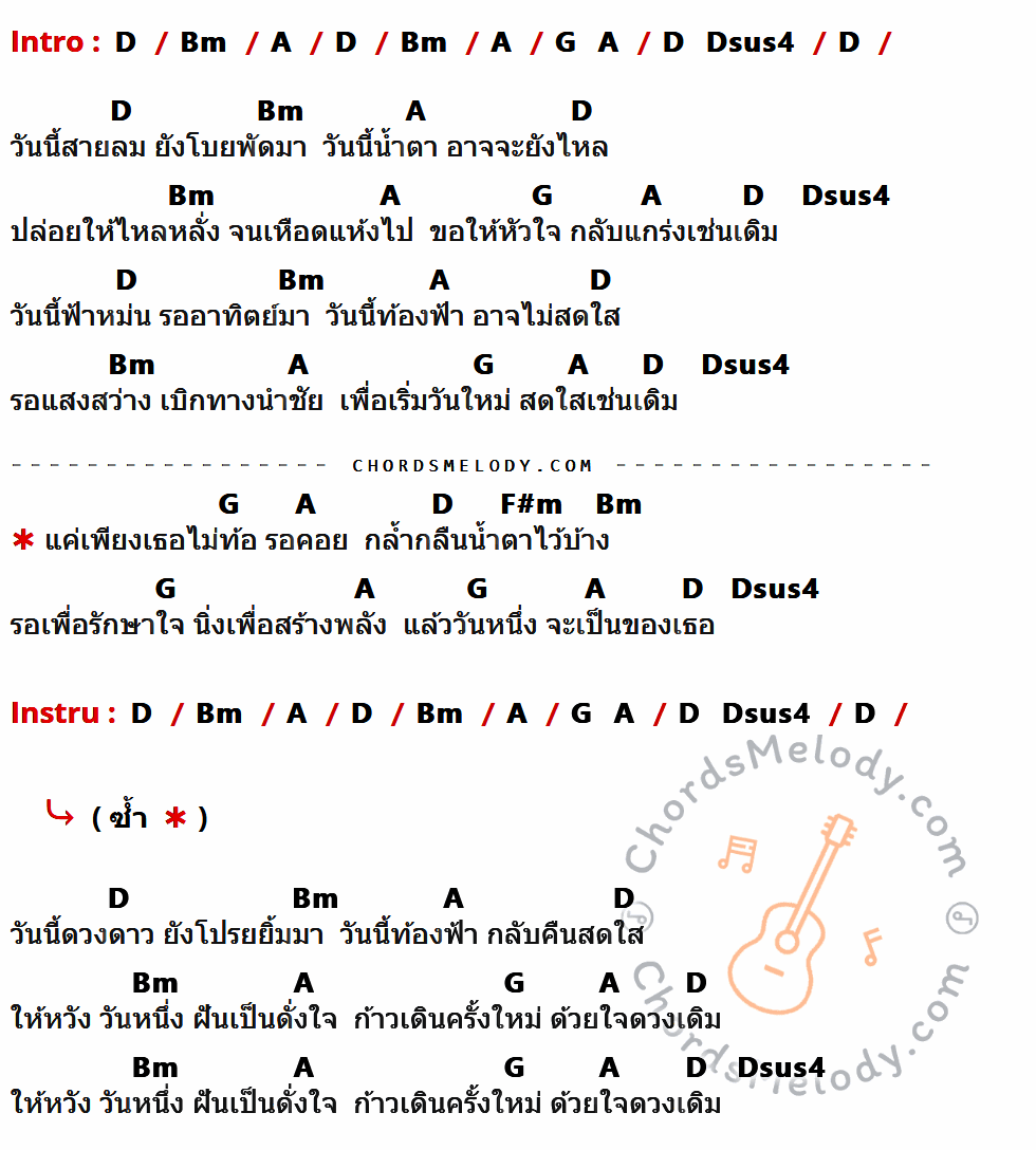 เนื้อเพลง วันใหม่ (สู้โควิด-19 ) ของ พงษ์สิทธิ์ คัมภีร์ ที่มีคอร์ดกีต้าร์ D,Bm,A,G,Dsus4,F#m