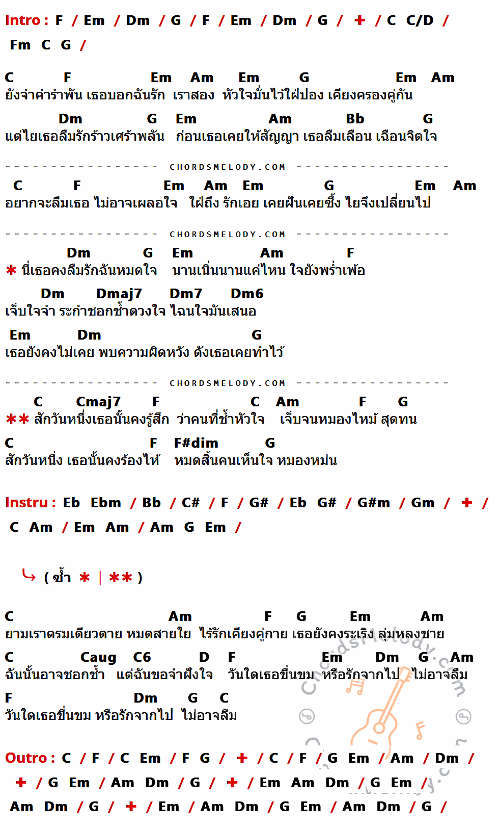 เนื้อเพลง สักวัน ของ ดิอินโนเซนท์ ที่มีคอร์ด ในกลุ่มคีย์ F,Em,Dm,G,C,C/D,Fm,Am,Bb,Dmaj7,Dm7,Dm6,Cmaj7,F#dim,Eb,Ebm,C#,G#,G#m,Gm,Caug,C6,D ประกอบ