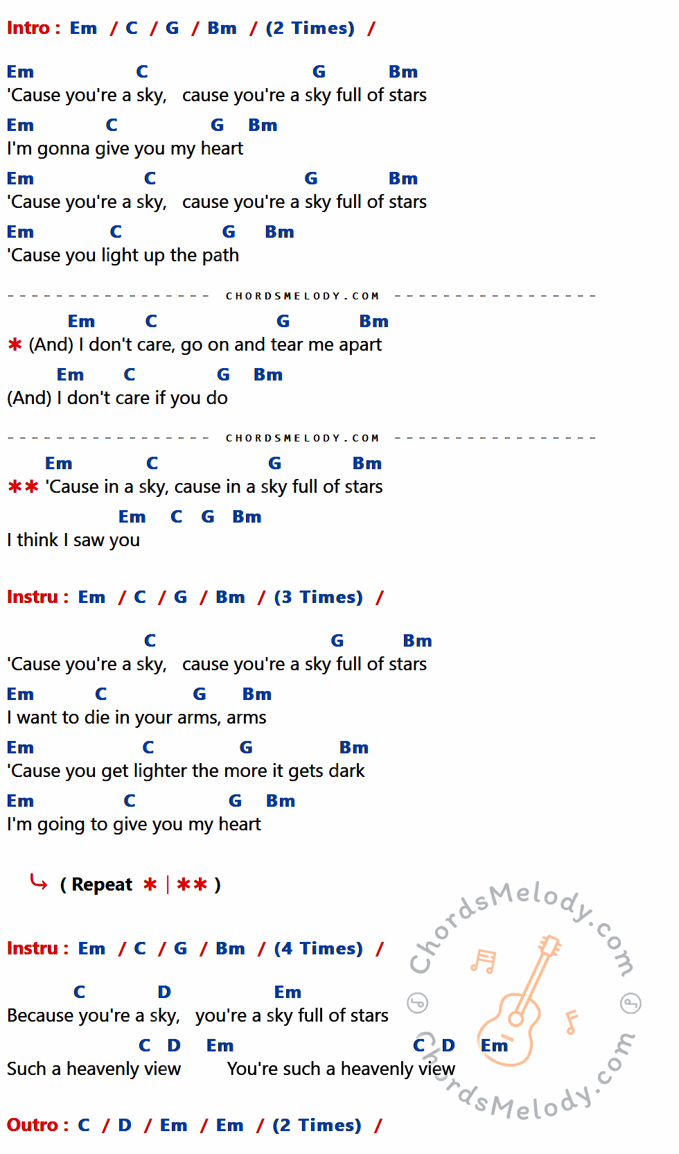 เนื้อเพลง A sky full of stars ของ Coldplay ที่มีคอร์ด ในกลุ่มคีย์ Em,C,G,Bm,D ประกอบ
