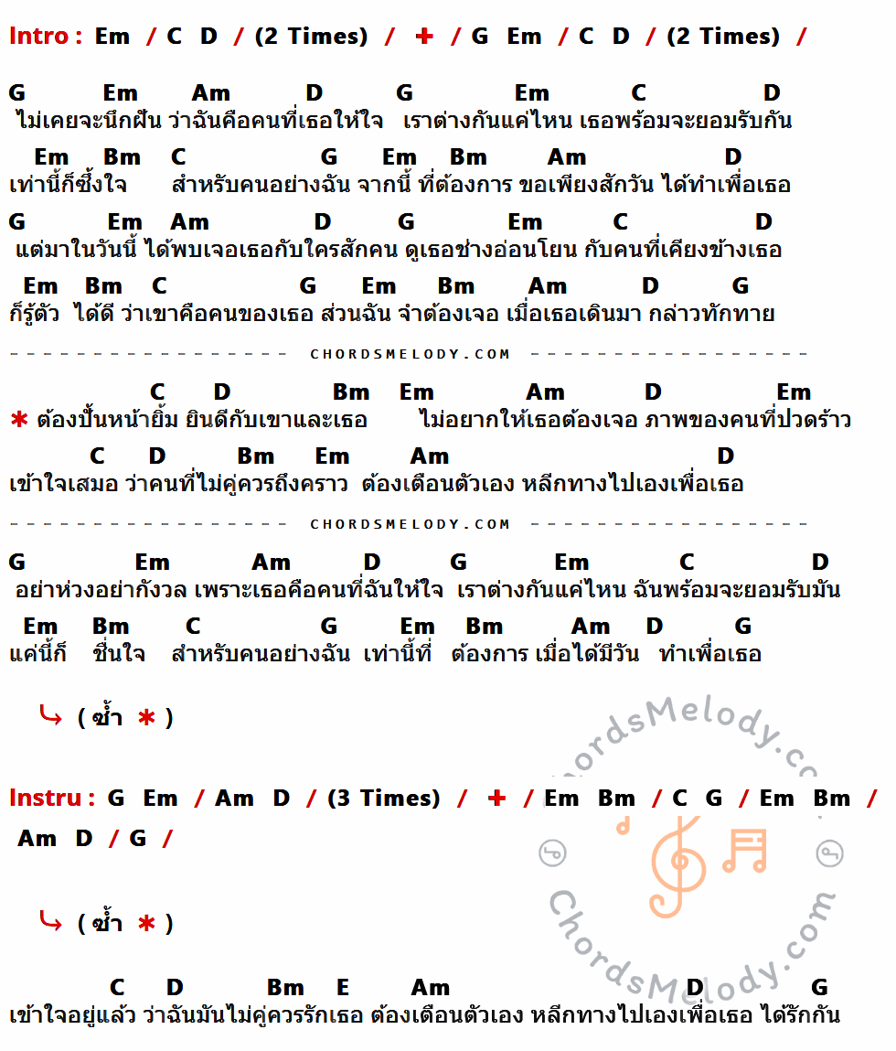 เนื้อเพลง ไม่คู่ควร ของ บางแก้ว ที่มีคอร์ดกีต้าร์ Em,C,D,G,Am,Bm,E