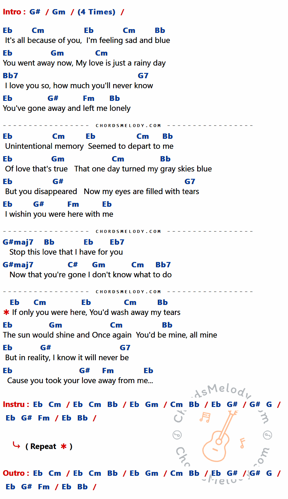 เนื้อเพลง Sukiyaki ของ A Taste Of Honey ที่มีคอร์ดกีต้าร์ G#,Gm,Eb,Cm,Bb,Bb7,G7,Fm,G#maj7,Eb7,C#,G