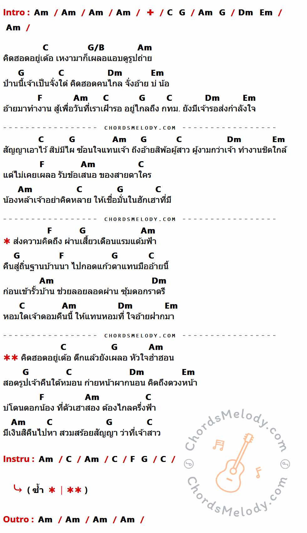 คอร์ดเพลง คิดฮอดอยู่เด้อ - พี สะเดิด เนื้อร้อง มีคอร์ดกีต้าร์ ในกลุ่มคีย์ Am,C,G,Dm,Em,G/B,F กำกับ