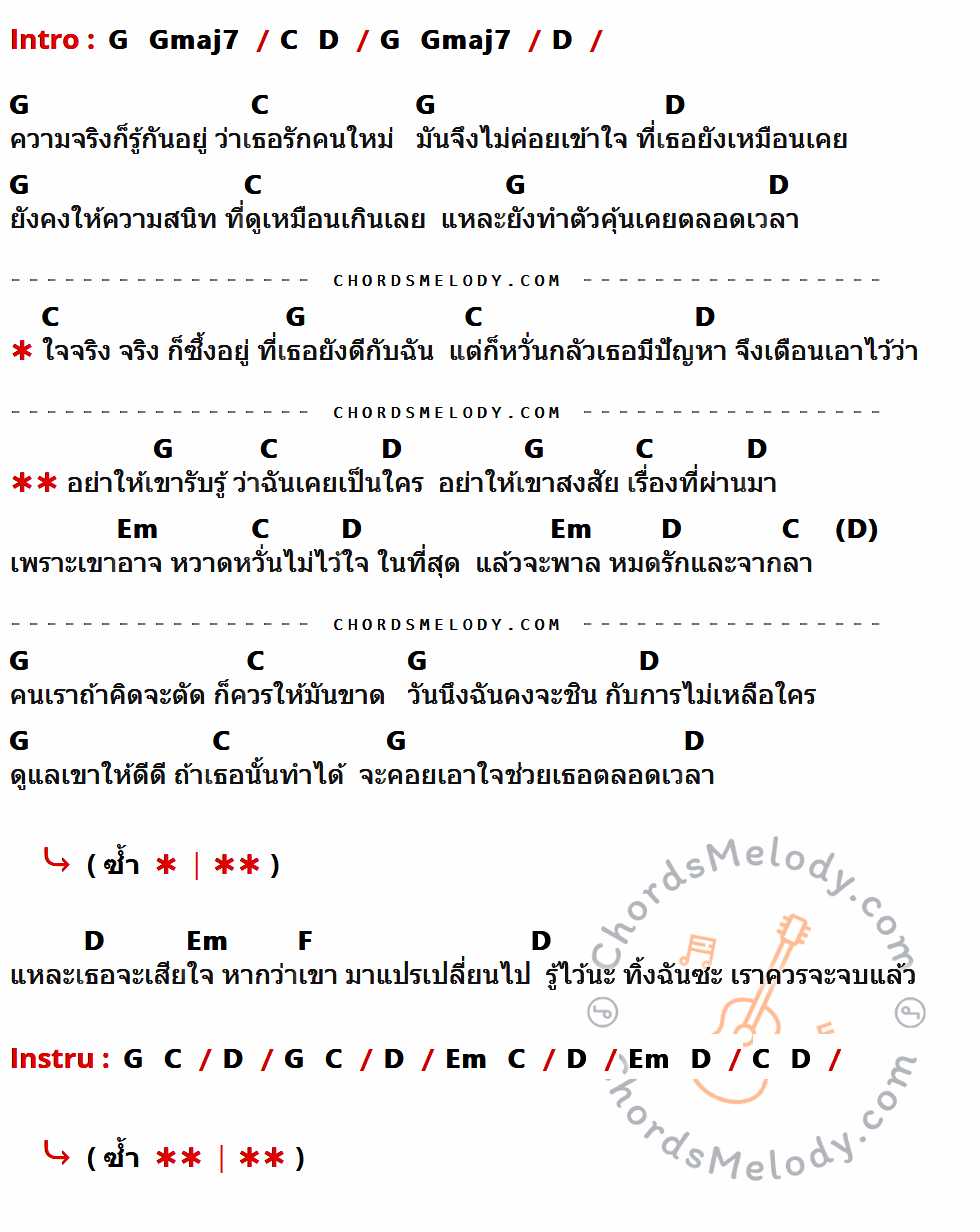 คอร์ดเพลง อย่าให้เขารู้ - มิคกี้ เนื้อร้อง มีคอร์ดกีต้าร์ ในกลุ่มคีย์ G,Gmaj7,C,D,Em,F กำกับ