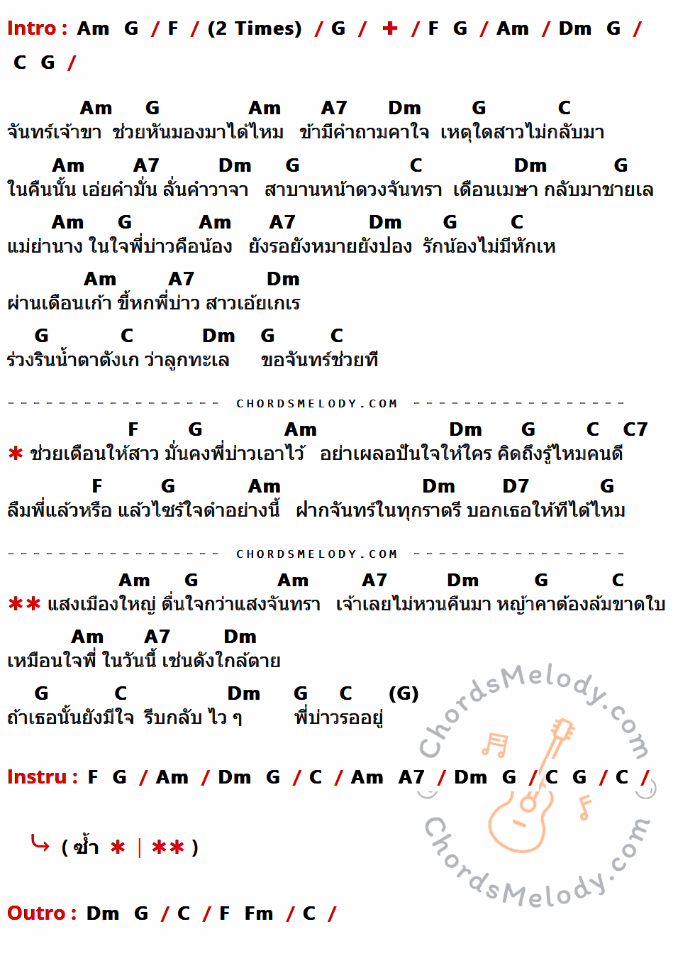 คอร์ดเพลง พี่บ่าวรออยู่ - บ่าววี เนื้อร้อง มีคอร์ดกีต้าร์ ในกลุ่มคีย์ F,G,Am,A7,Dm,C,C7,D7 กำกับ