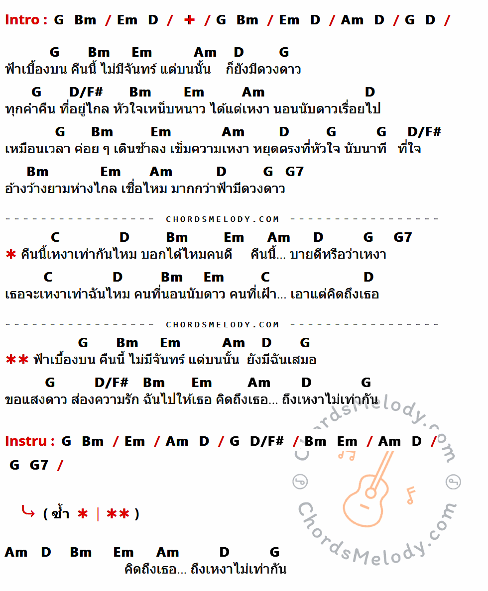 เนื้อเพลง คืนนี้เหงาเท่ากันไหม ของ โกไข่กับนายสน มีคอร์ดกีต้าร์ ในคีย์ที่ต่างกัน G,Bm,Em,D,Am,D/F#,G7,C