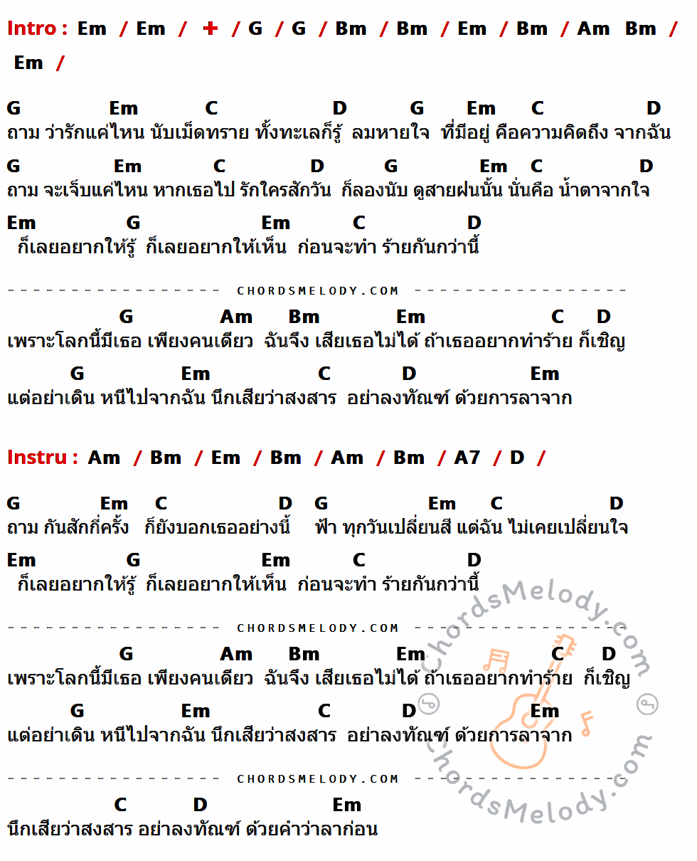 เนื้อเพลง นึกเสียว่าสงสาร ของ อ้อย กระท้อน มีคอร์ดกีต้าร์ ในคีย์ที่ต่างกัน Em,G,Bm,Am,C,D,A7