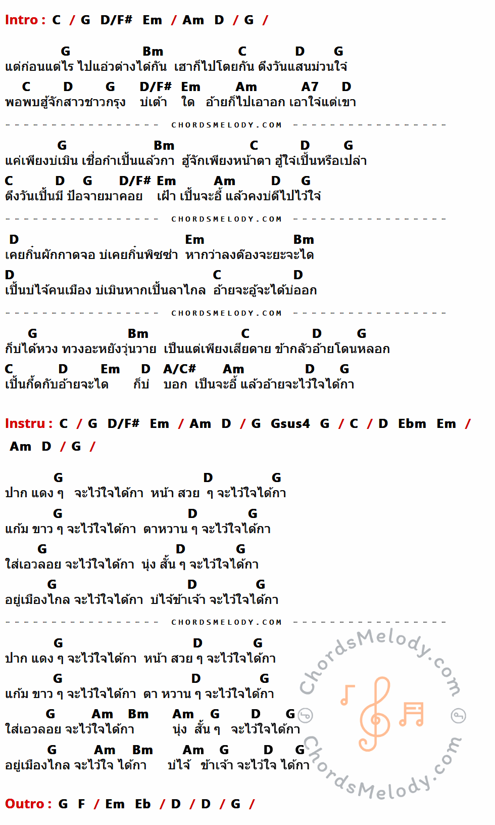 เนื้อเพลง ไว้ใจ๋ได้กา ของ ลานนา คัมมินส์ มีคอร์ดกีต้าร์ ในคีย์ที่ต่างกัน C,G,D/F#,Em,Am,D,Bm,A7,A/C#,Gsus4,Ebm,F,Eb