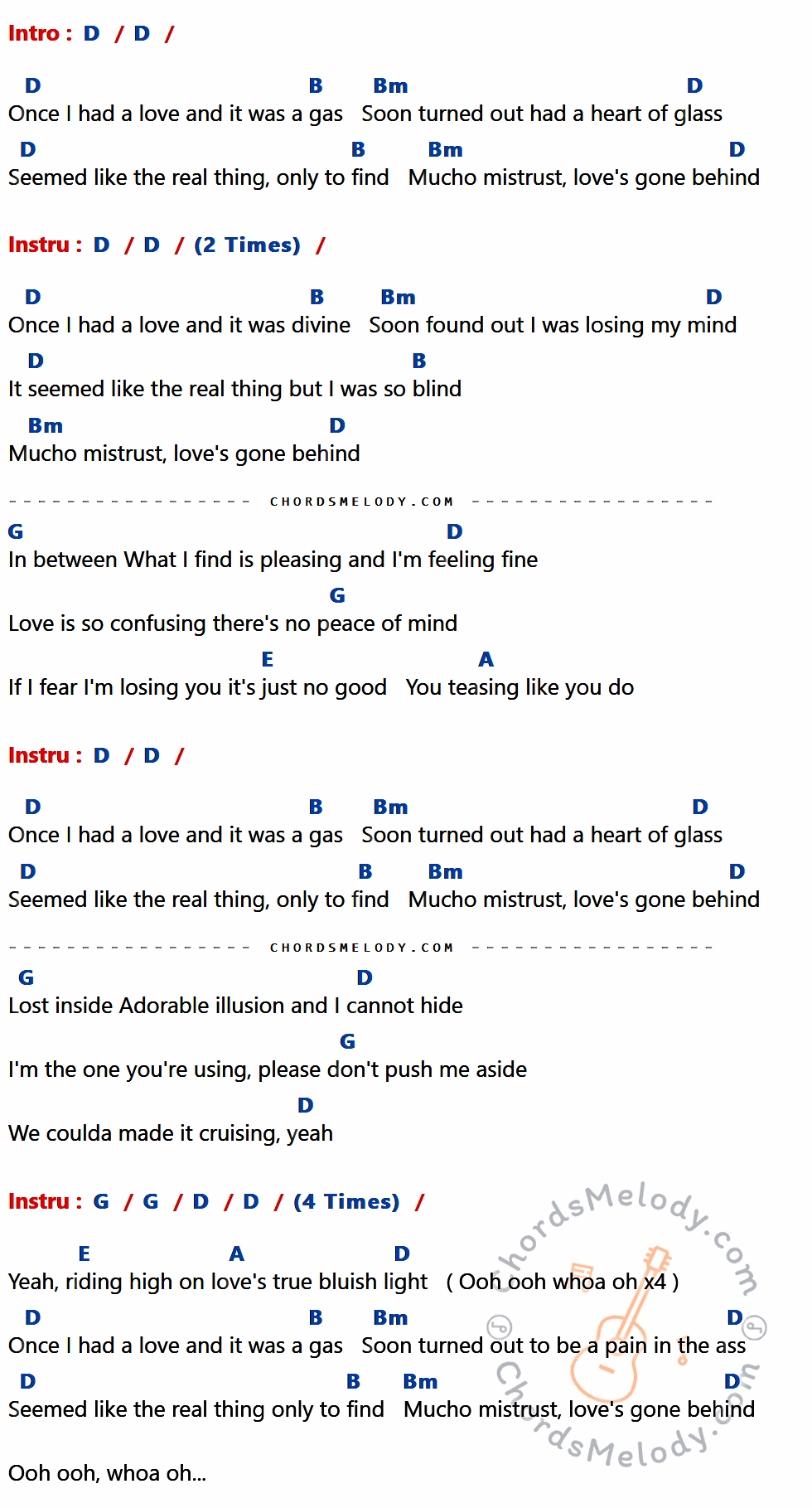 เนื้อเพลง Heart Of Glass ของ Blondie มีคอร์ดกีต้าร์ ในคีย์ที่ต่างกัน D,B,Bm,G,E,A