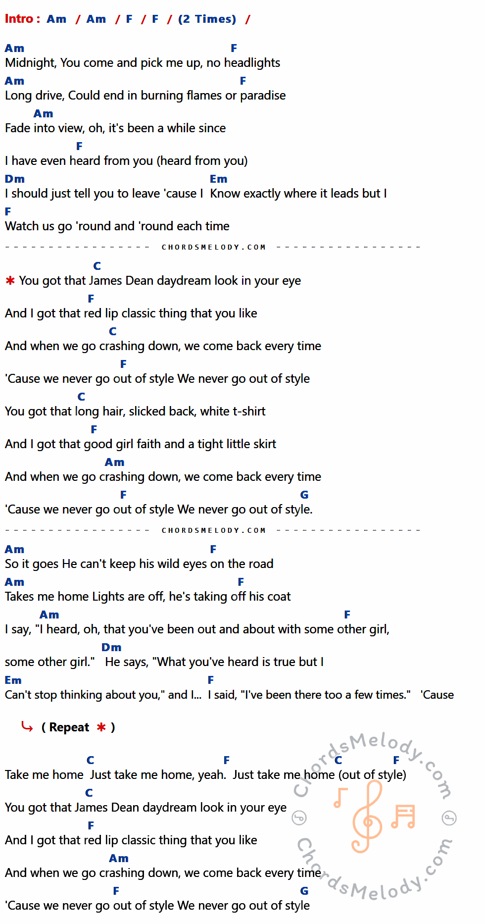 คอร์ดเพลง Style - Taylor Swift เนื้อร้อง มีคอร์ดกีต้าร์ ในกลุ่มคีย์ Am,F,Dm,Em,C,G กำกับ
