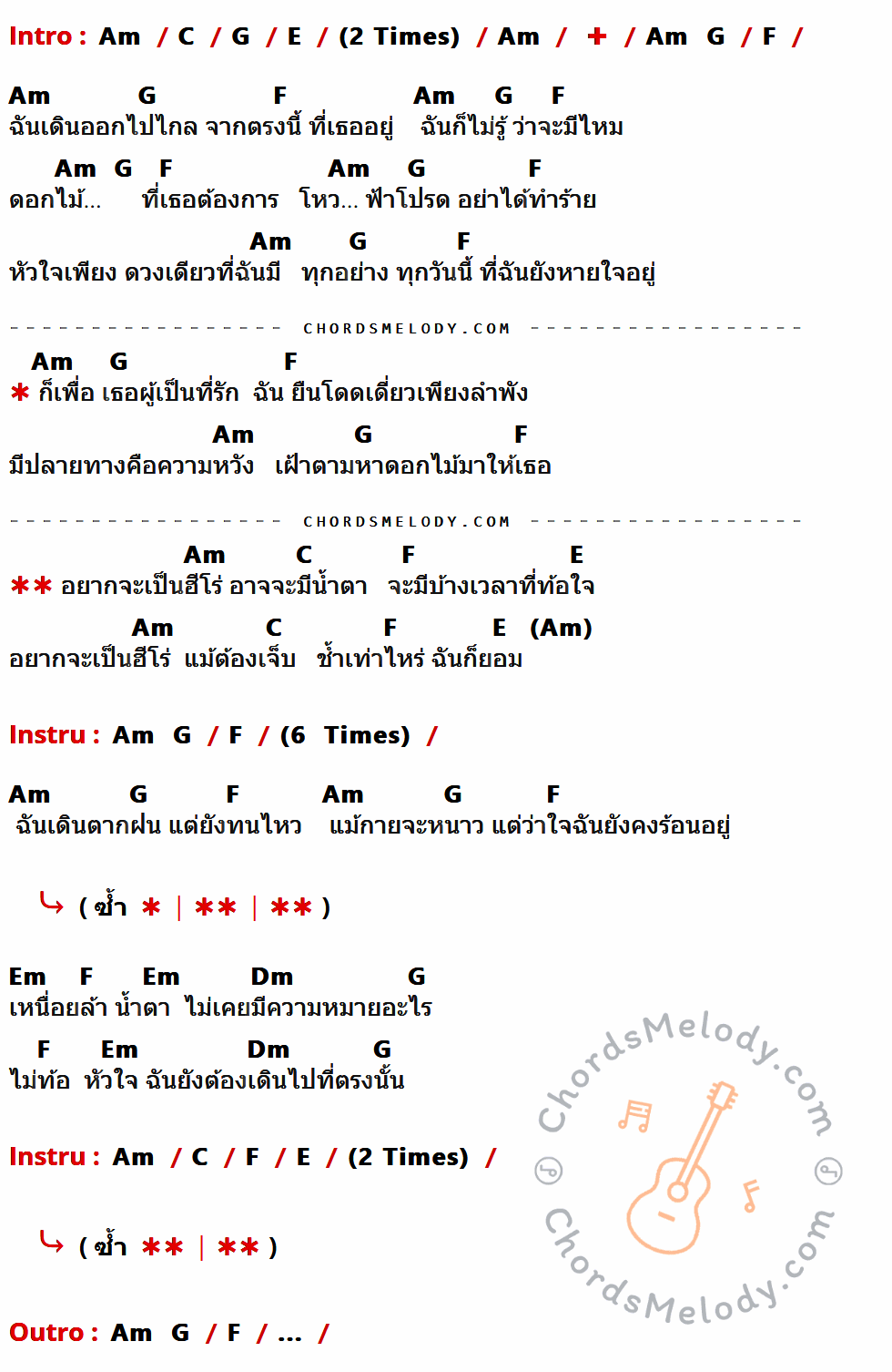 เนื้อเพลง ฮีโร่ ของ รามสูร มีคอร์ดกีต้าร์ ในคีย์ที่ต่างกัน Am,C,G,E,F,Em,Dm