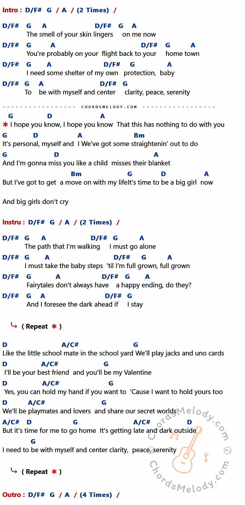 คอร์ดเพลง Big Girls Don't Cry - Fergie เนื้อร้อง มีคอร์ดกีต้าร์ ในกลุ่มคีย์ D/F#,G,A,D,Bm,A/C# กำกับ