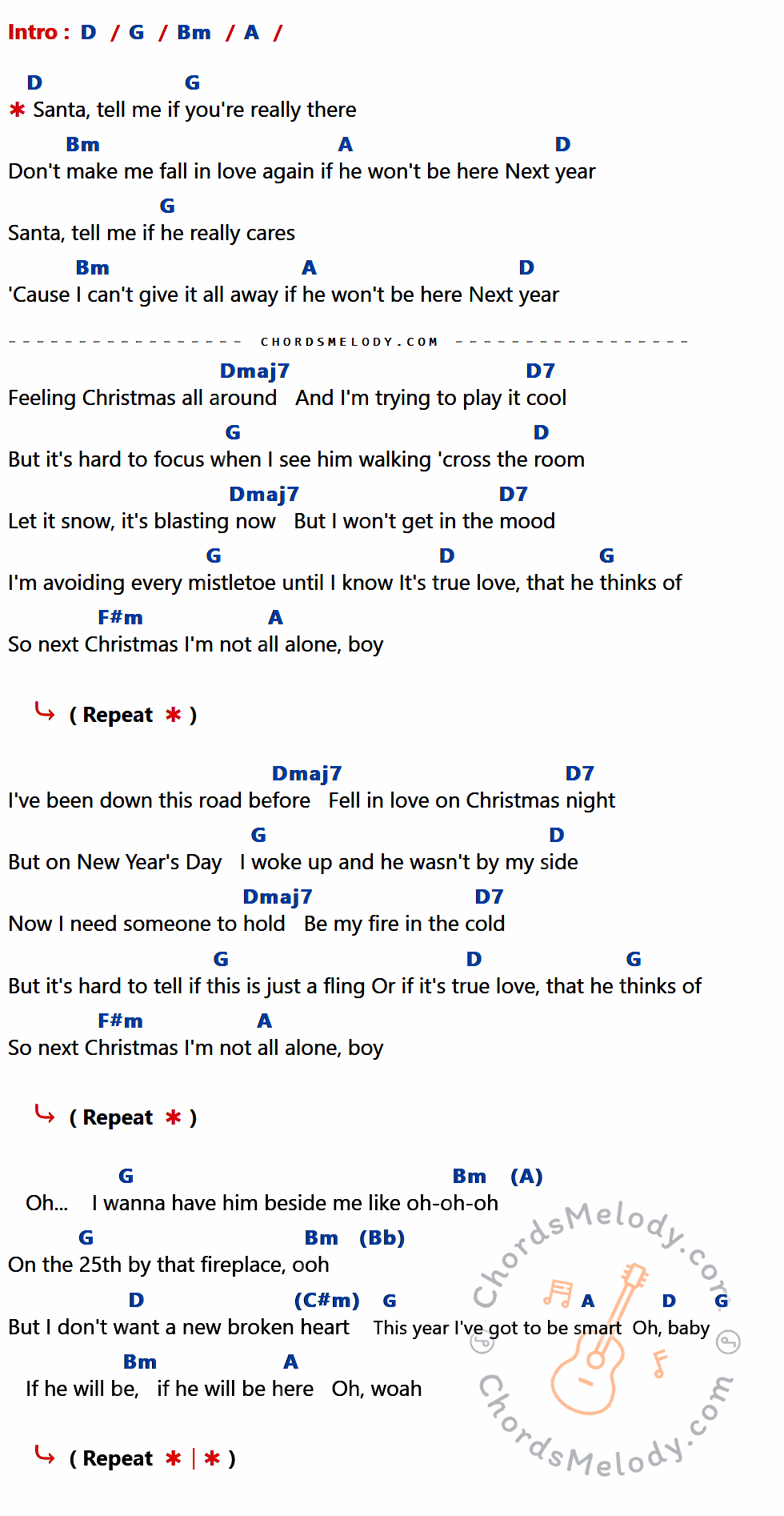 เนื้อเพลง Santa Tell Me ของ Ariana Grande มีคอร์ดกีต้าร์ ในคีย์ที่ต่างกัน D,G,Bm,A,Dmaj7,D7,F#m,F#,E