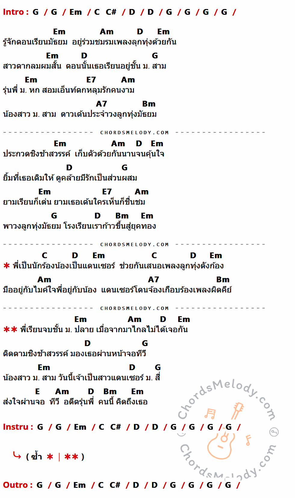 เนื้อเพลง แดนซ์เซอร์ ม.4 ของ ตุ้ม จ่านกร้อง มีคอร์ดกีต้าร์ ในคีย์ที่ต่างกัน G,Em,C,C#,D,Am,E7,A7,Bm,E