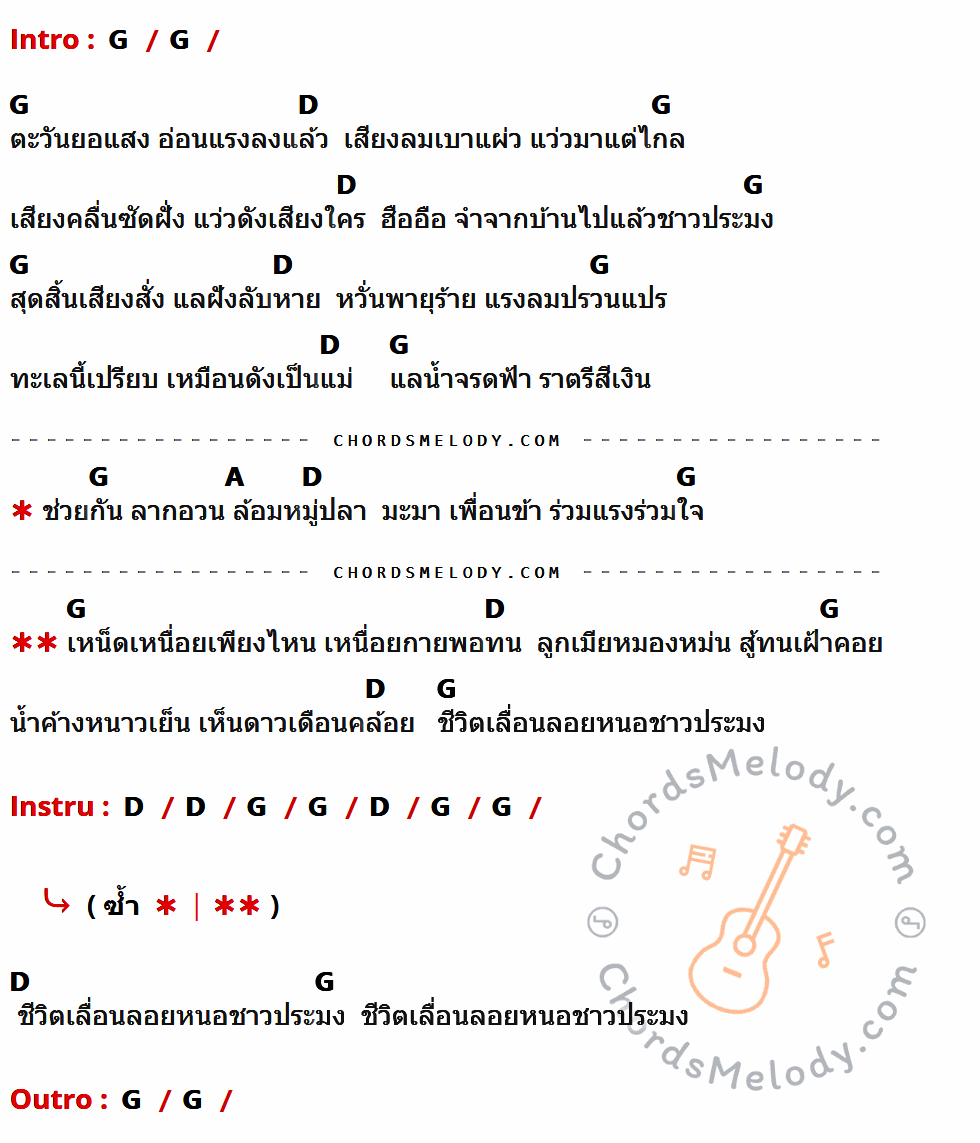คอร์ดเพลง ชาวประมง - แฮมเมอร์ เนื้อร้อง มีคอร์ดกีต้าร์ ในกลุ่มคีย์ G,D,A กำกับ