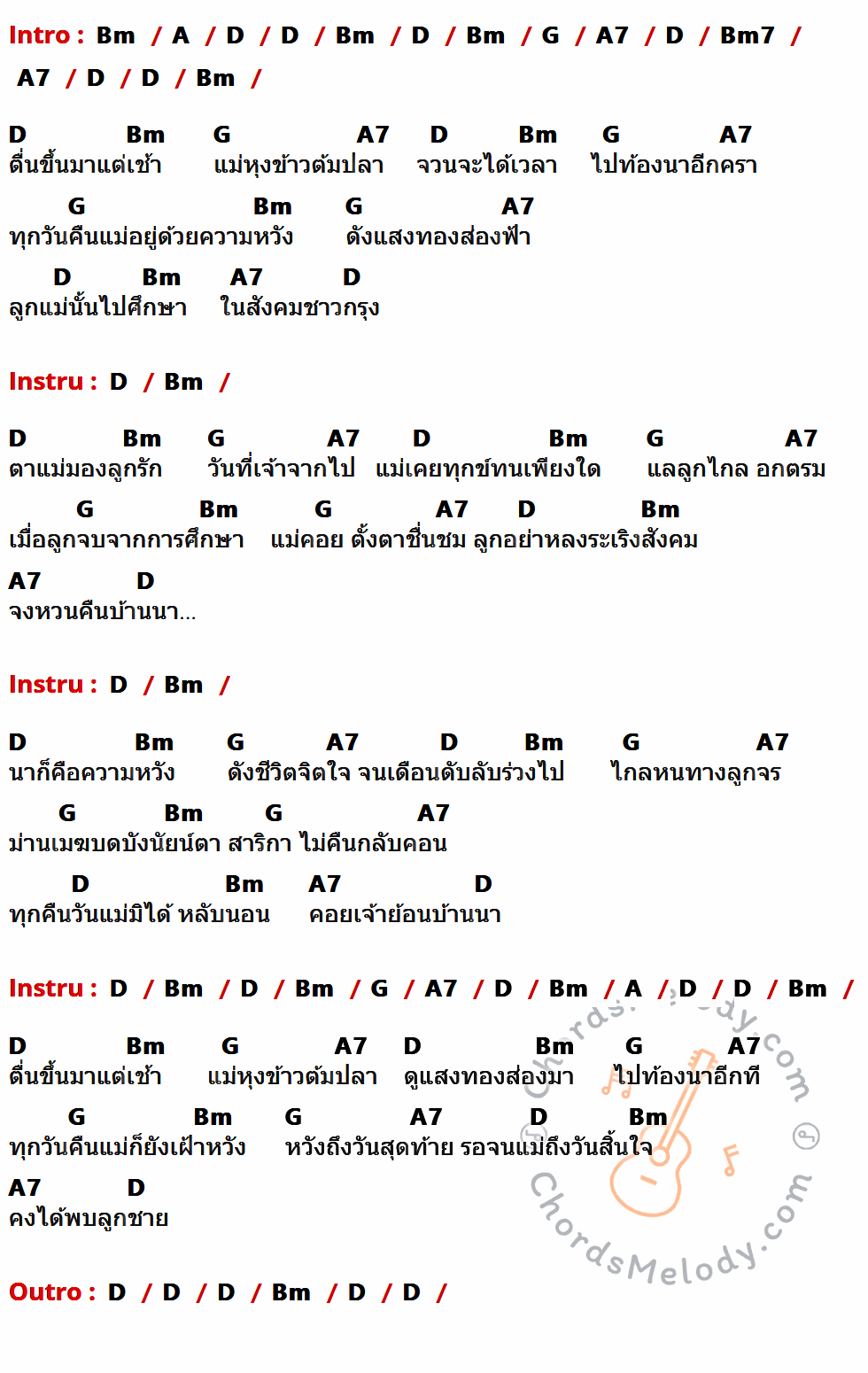 เนื้อเพลง แม่ ของ แฮมเมอร์ มีคอร์ดกีต้าร์ ในคีย์ที่ต่างกัน Em,D,G,C,D7,Em7