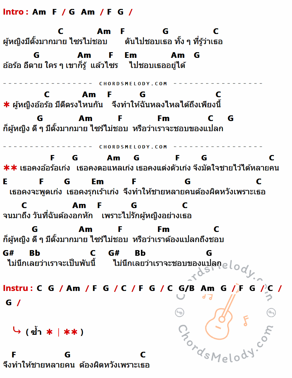 เนื้อเพลง ชอบของแปลก ของ กางเกง มีคอร์ดกีต้าร์ ในคีย์ที่ต่างกัน Em,C,D,G,Bm,Cm,B,Eb,F,D/F#