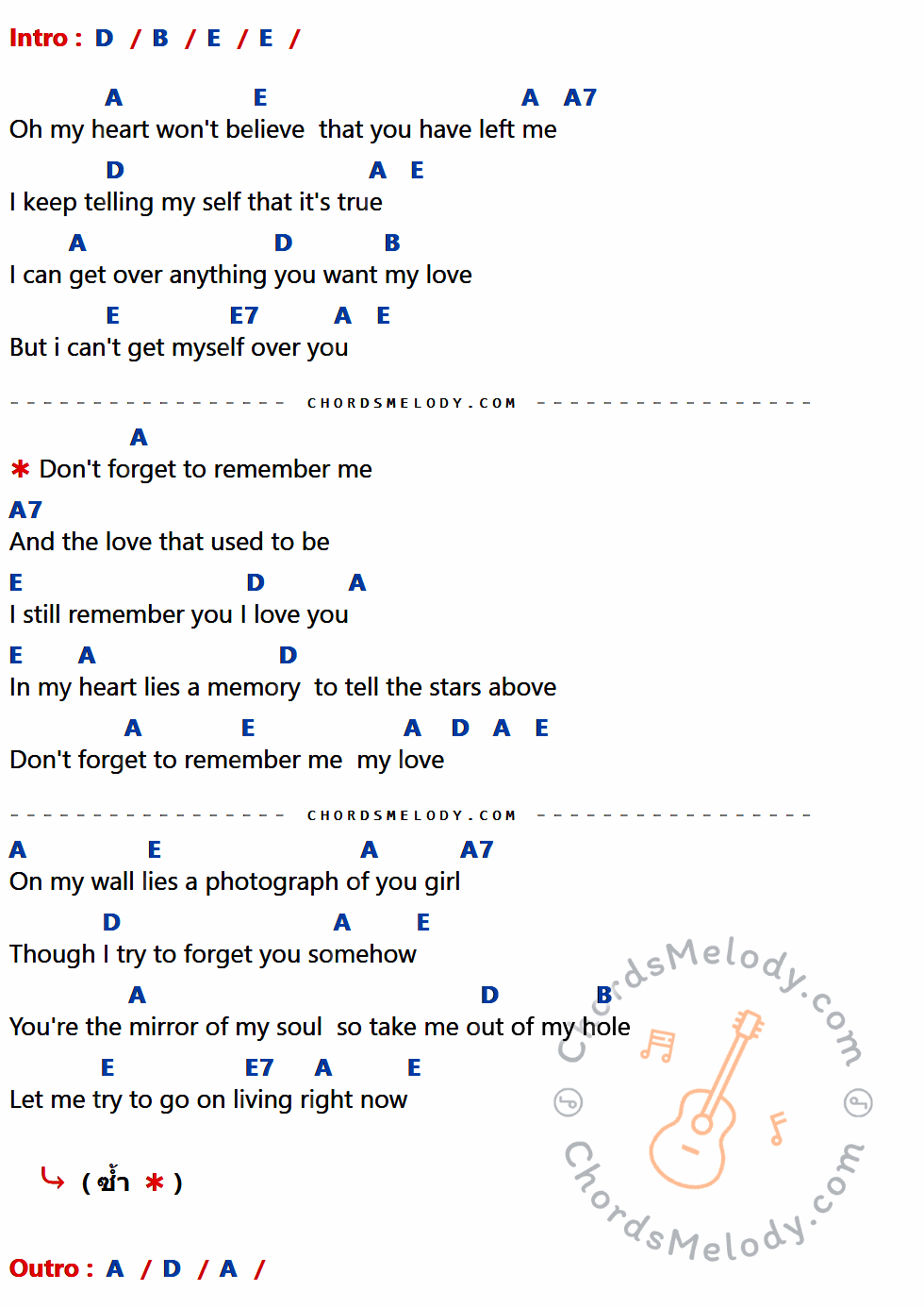 คอร์ดเพลง Don't Forget To Remember - Bee Gees เนื้อร้อง มีคอร์ดกีต้าร์ ในกลุ่มคีย์ D,B,E,A,A7,E7 กำกับ